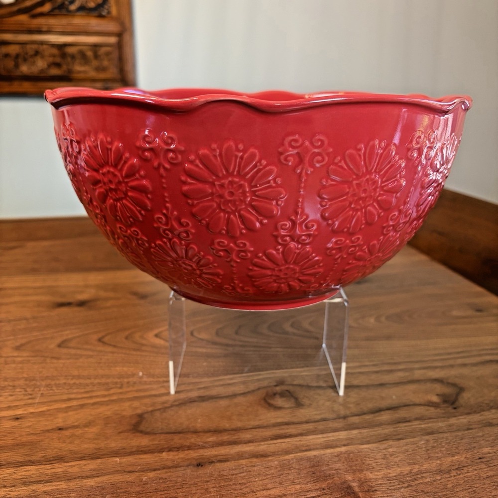 Pioneer Woman Red Stoneware Mixing Serving Bowl 10.5" raised floral Design NICE